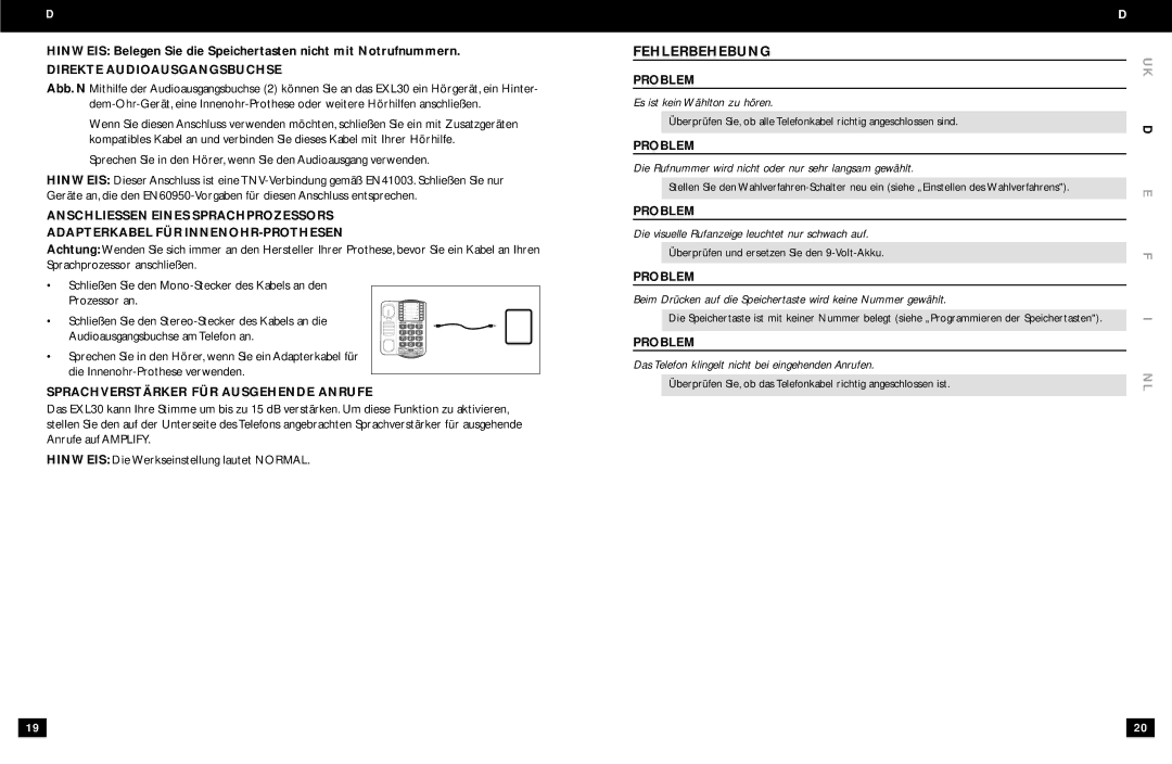 Clarity EXL30 manual Fehlerbehebung, Direkte Audioausgangsbuchse, Sprachverstärker FÜR Ausgehende Anrufe 