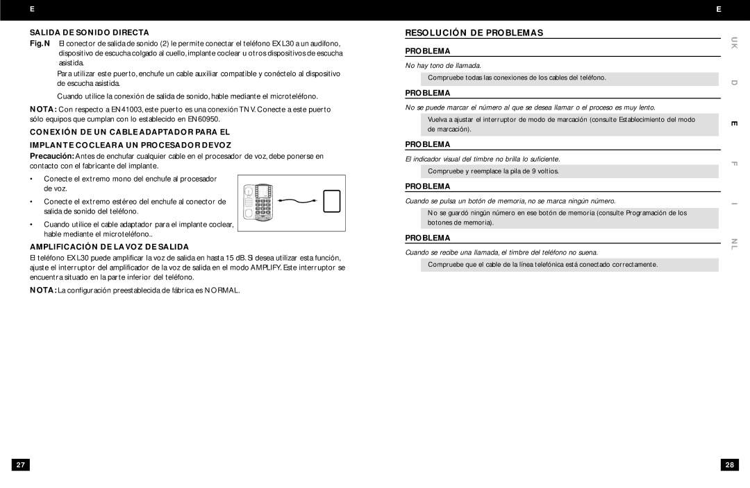 Clarity EXL30 manual Resolución DE Problemas, Salida DE Sonido Directa, Problema Amplificación DE Lavoz DE Salida 