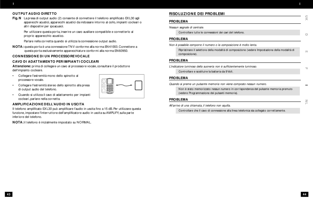 Clarity EXL30 manual Risoluzione DEI Problemi, Output Audio Diretto, Problema Amplificazione Dellaudio in Uscita 