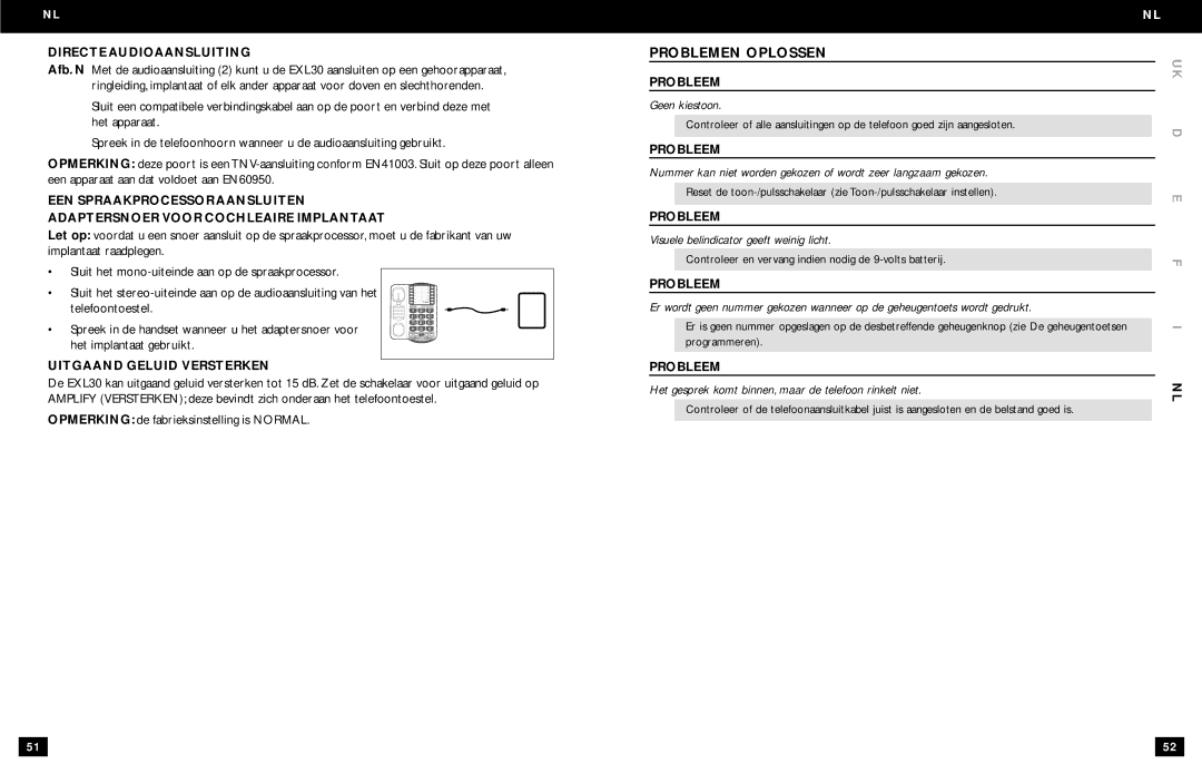 Clarity EXL30 manual Problemen Oplossen, Directe Audioaansluiting, Probleem, Uitgaand Geluid Versterken 