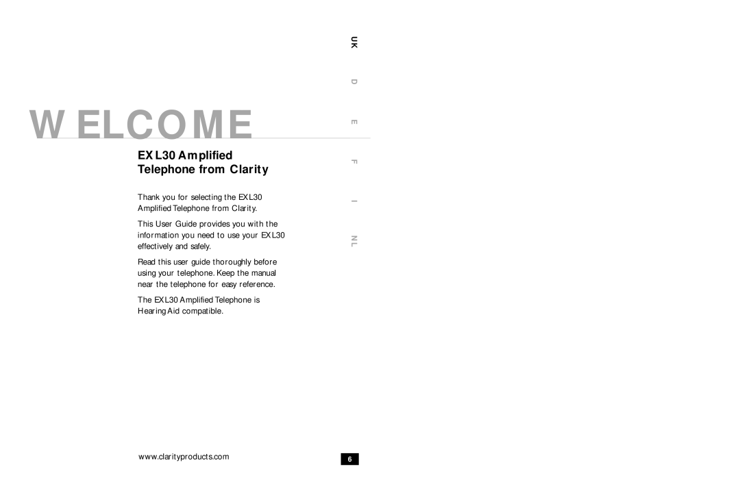 Clarity EXL30 manual Welcome, Uk D 