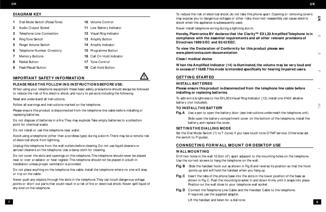 Clarity EXL30 manual Diagram KEY, Important Safety Information, Getting Started, Connecting for Wall Mount or Desktop USE 