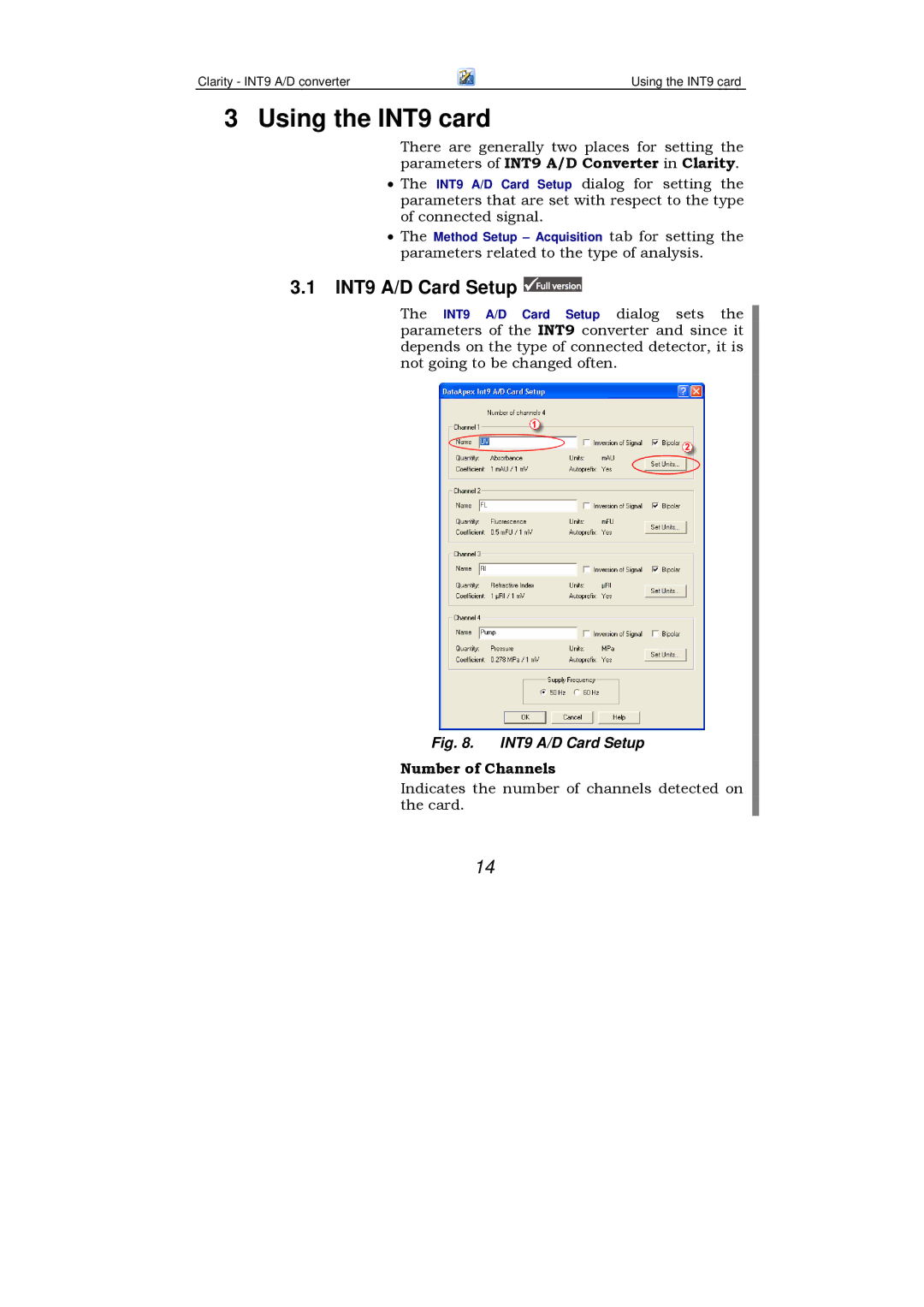 Clarity manual Using the INT9 card, INT9 A/D Card Setup, Number of Channels 