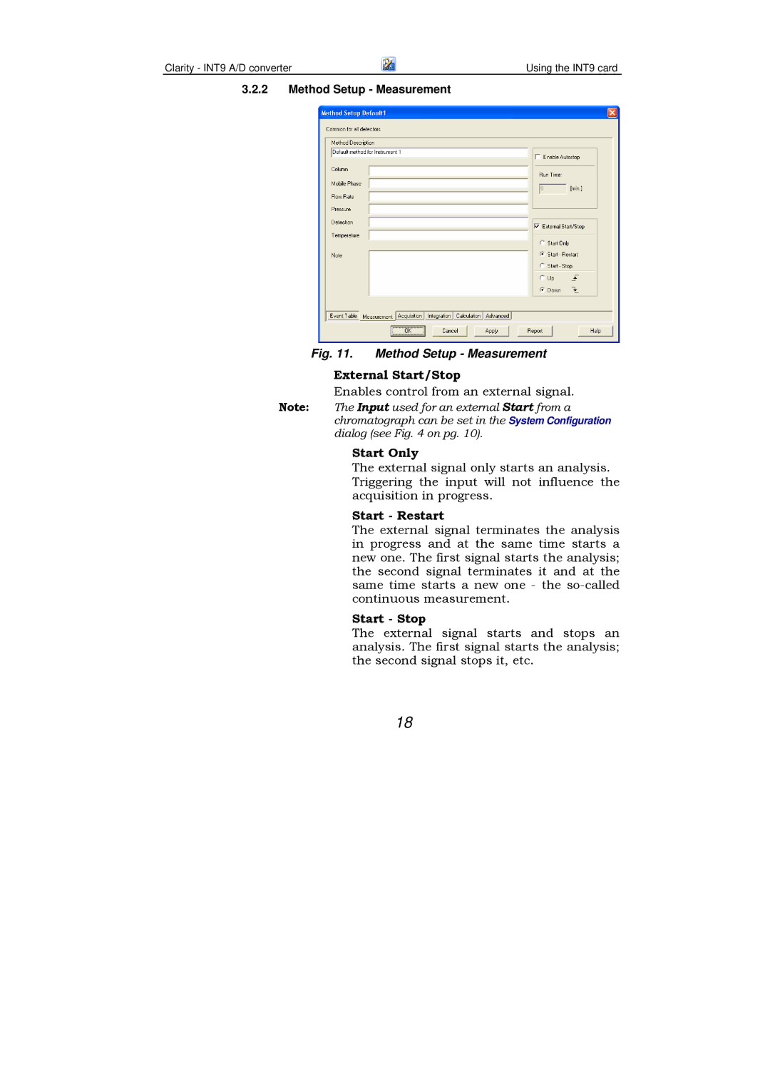 Clarity INT9 manual External Start/Stop, Start Only, Start Restart, Start Stop 