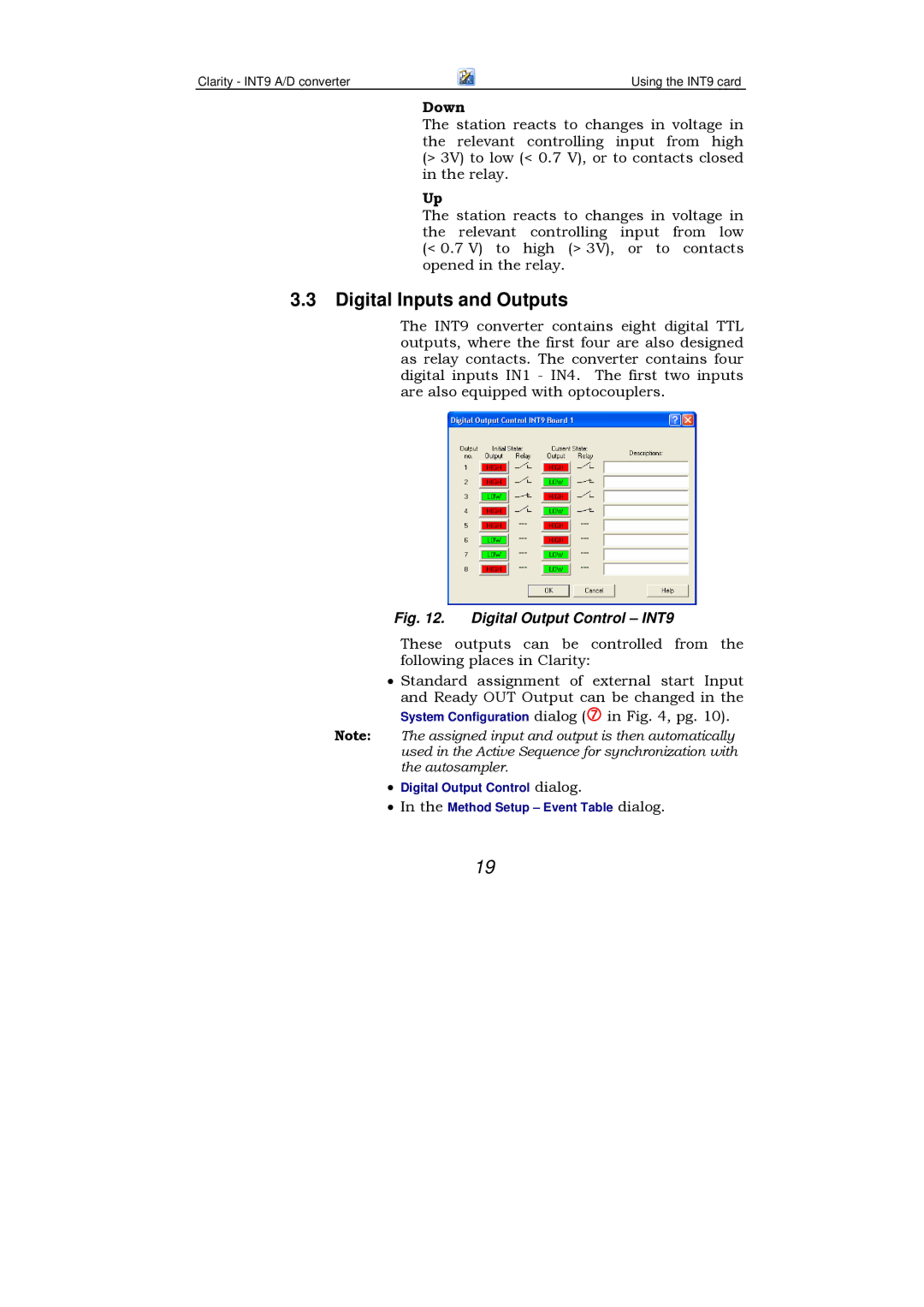 Clarity INT9 manual Digital Inputs and Outputs, Down 