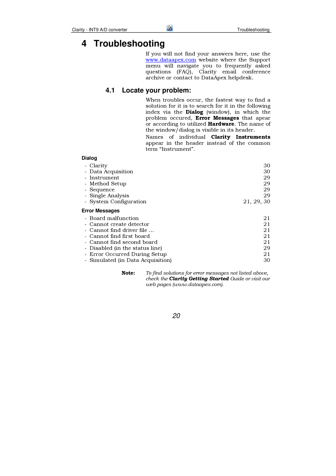 Clarity INT9 manual Troubleshooting, Locate your problem 