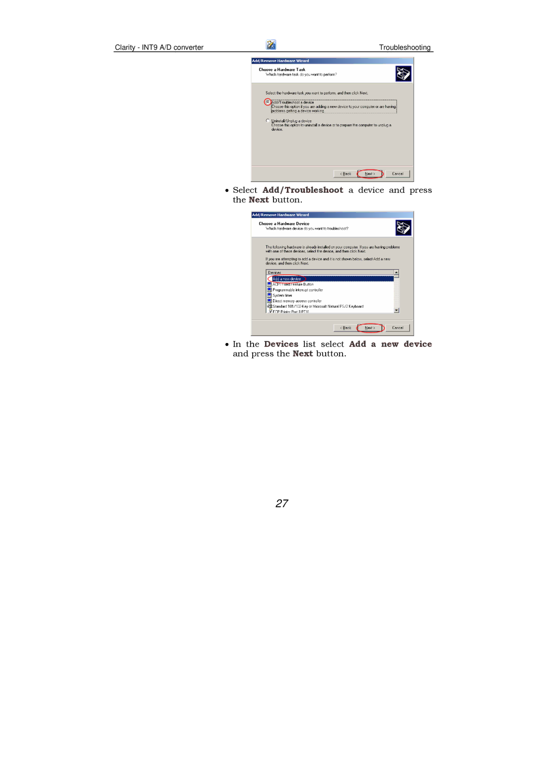 Clarity INT9 manual Select Add/Troubleshoot a device and press the Next button 