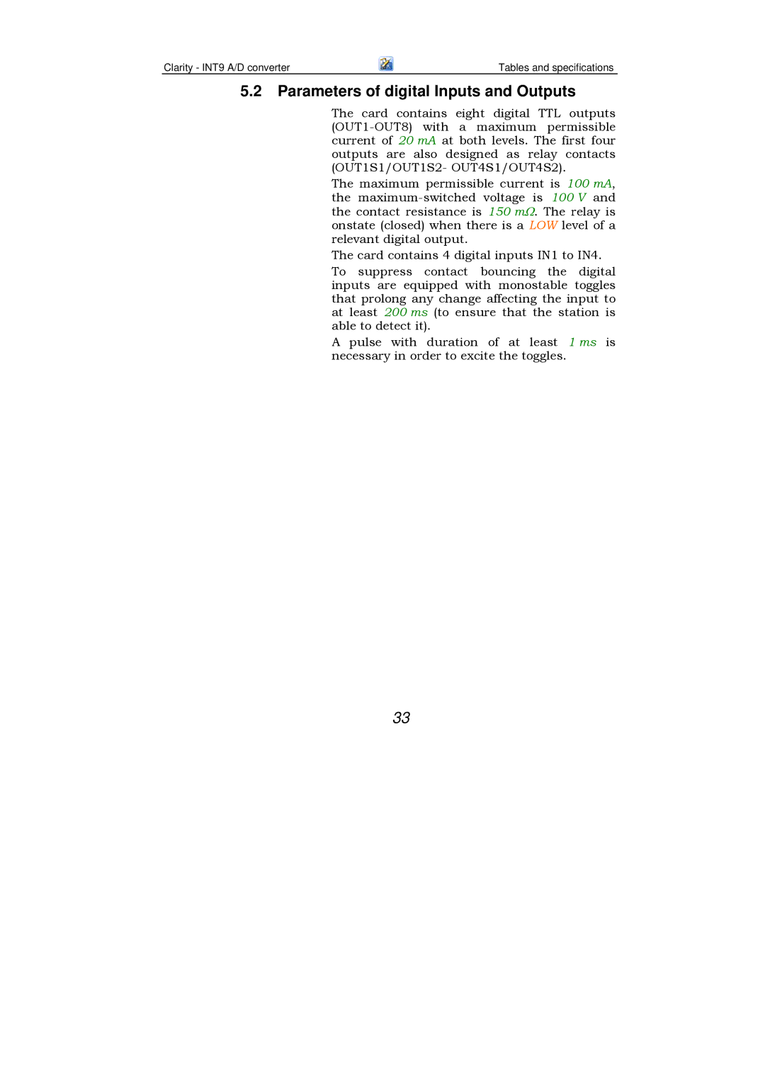 Clarity INT9 manual Parameters of digital Inputs and Outputs 