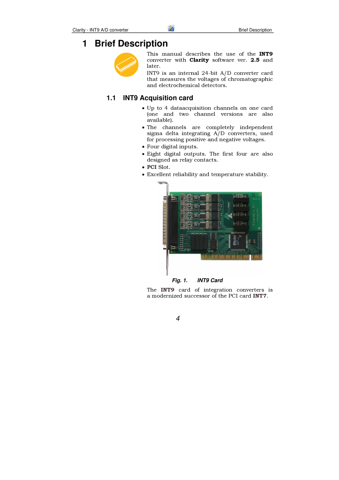 Clarity manual Brief Description, INT9 Acquisition card 