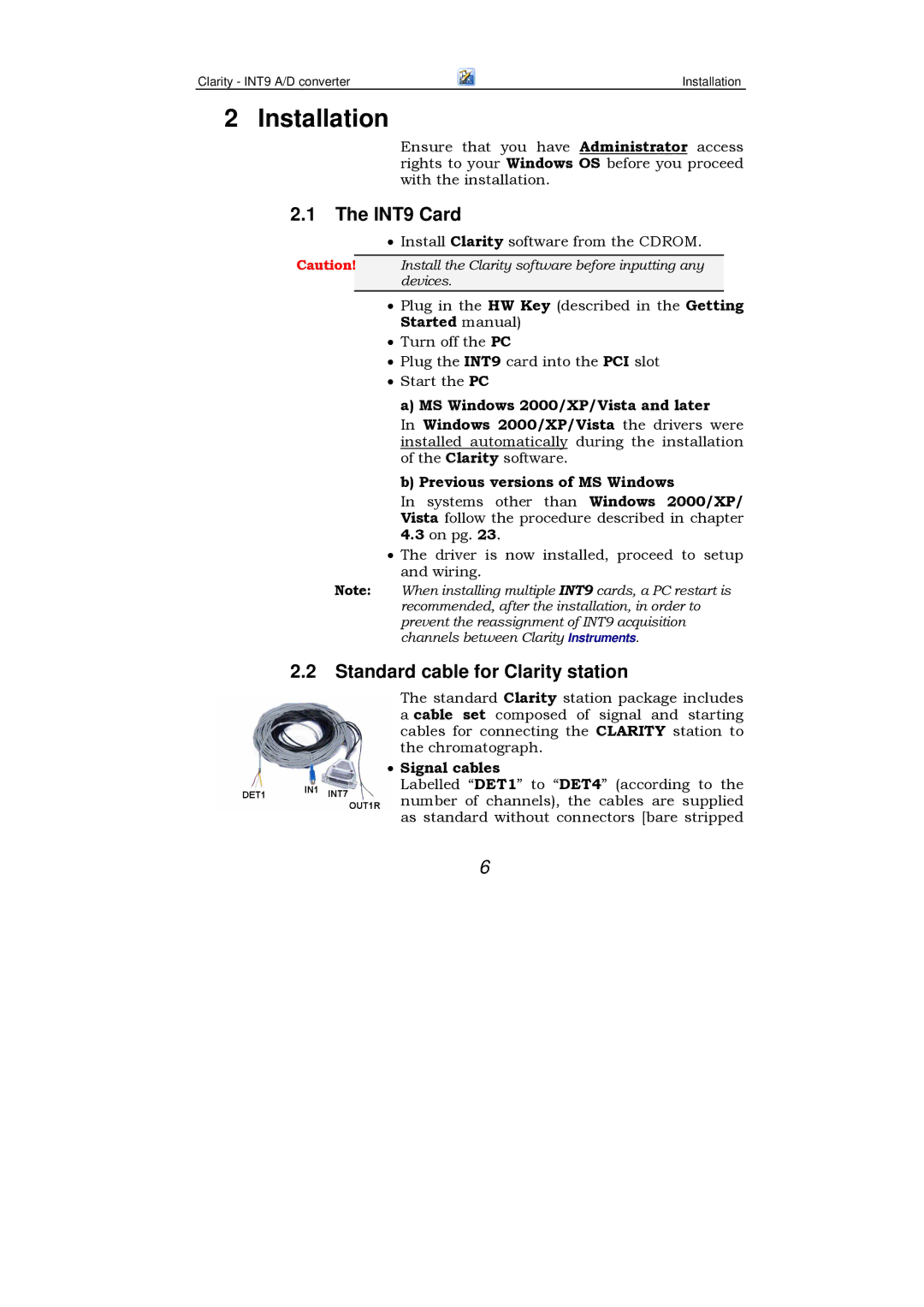 Clarity manual Installation, INT9 Card, Standard cable for Clarity station, Signal cables 