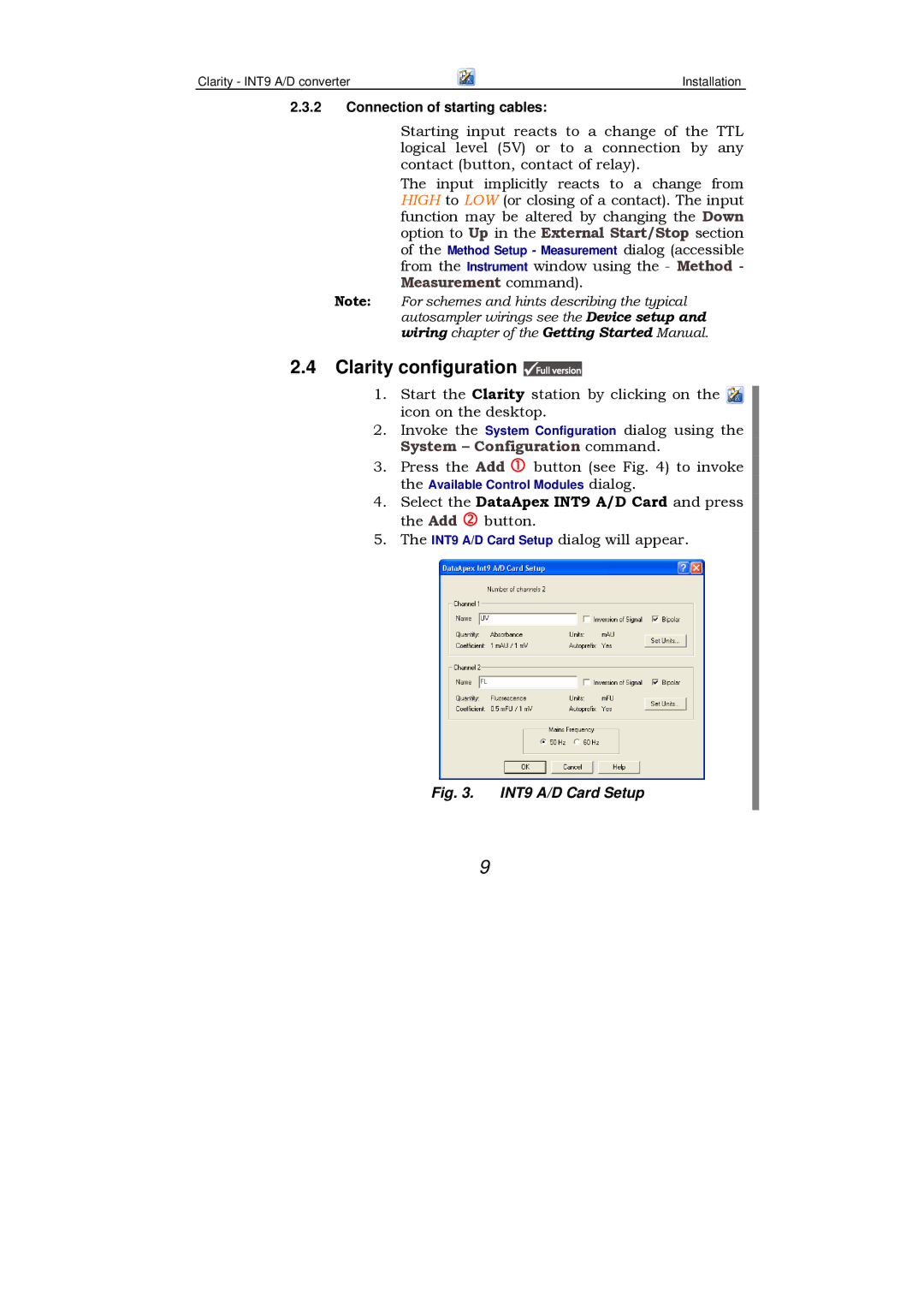 Clarity manual Clarity configuration, Select the DataApex INT9 A/D Card and press 