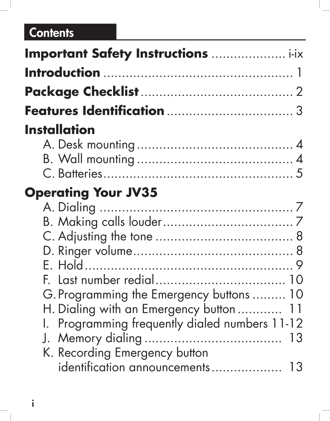 Clarity manual Contents, Operating Your JV35 