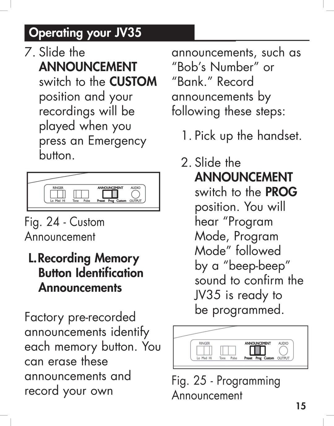 Clarity JV35 manual Programming Announcement 