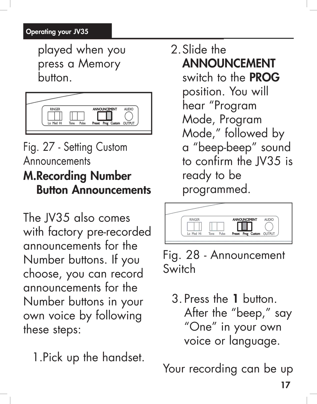 Clarity JV35 manual Played when you press a Memory button 