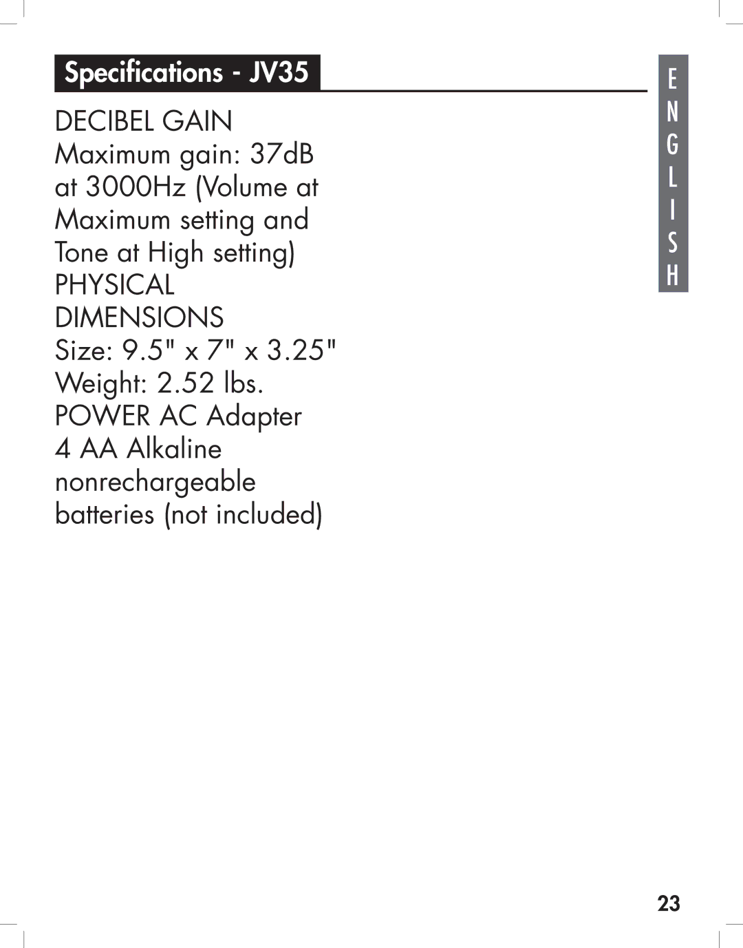 Clarity manual Specifications JV35, Physical Dimensions 