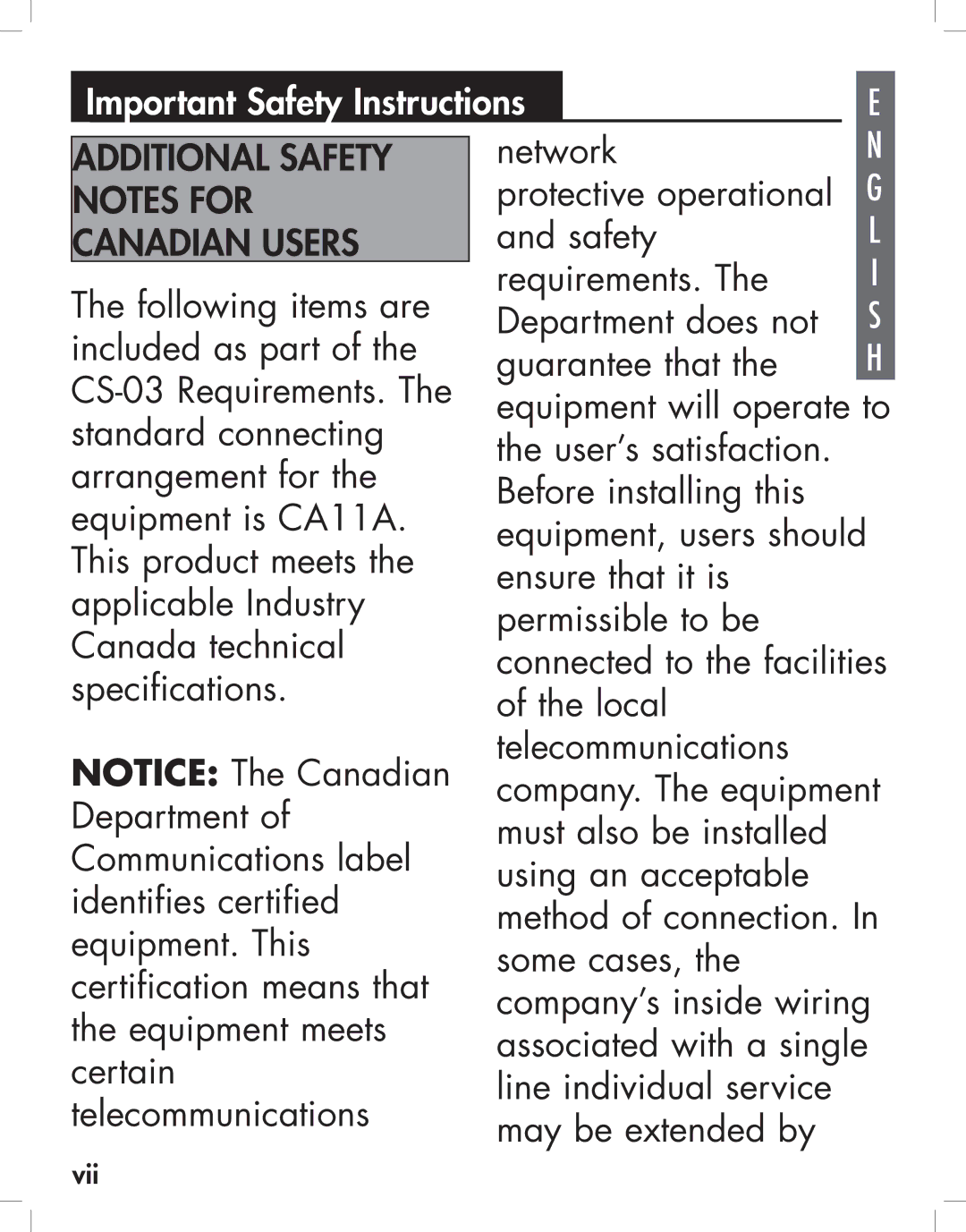 Clarity JV35 manual Additional Safety Notes for Canadian Users 