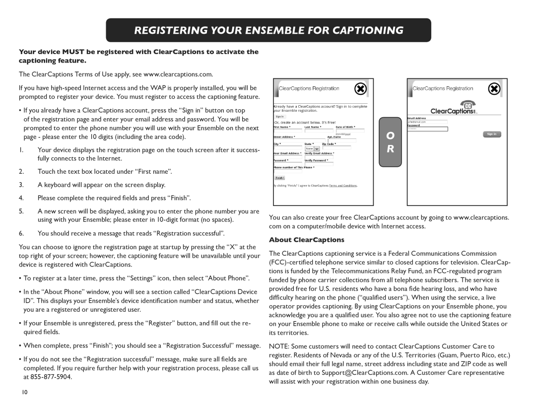 Clarity M175C manual Registering Your Ensemble for Captioning, About ClearCaptions 