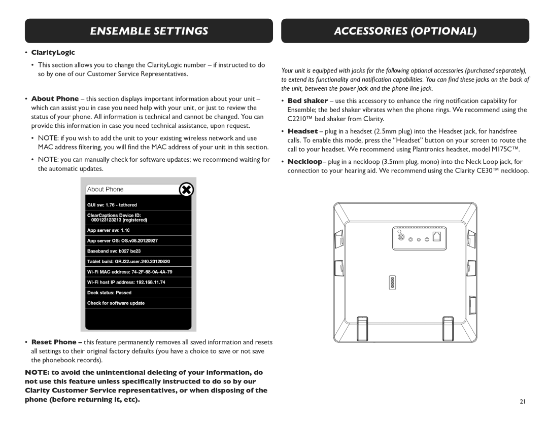 Clarity M175C manual Accessories Optional, ClarityLogic 