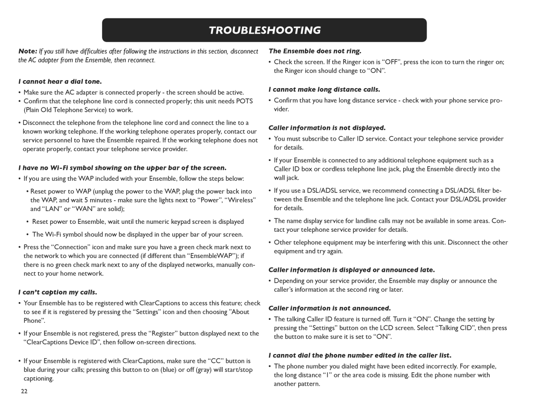 Clarity M175C manual Troubleshooting, Cannot hear a dial tone 