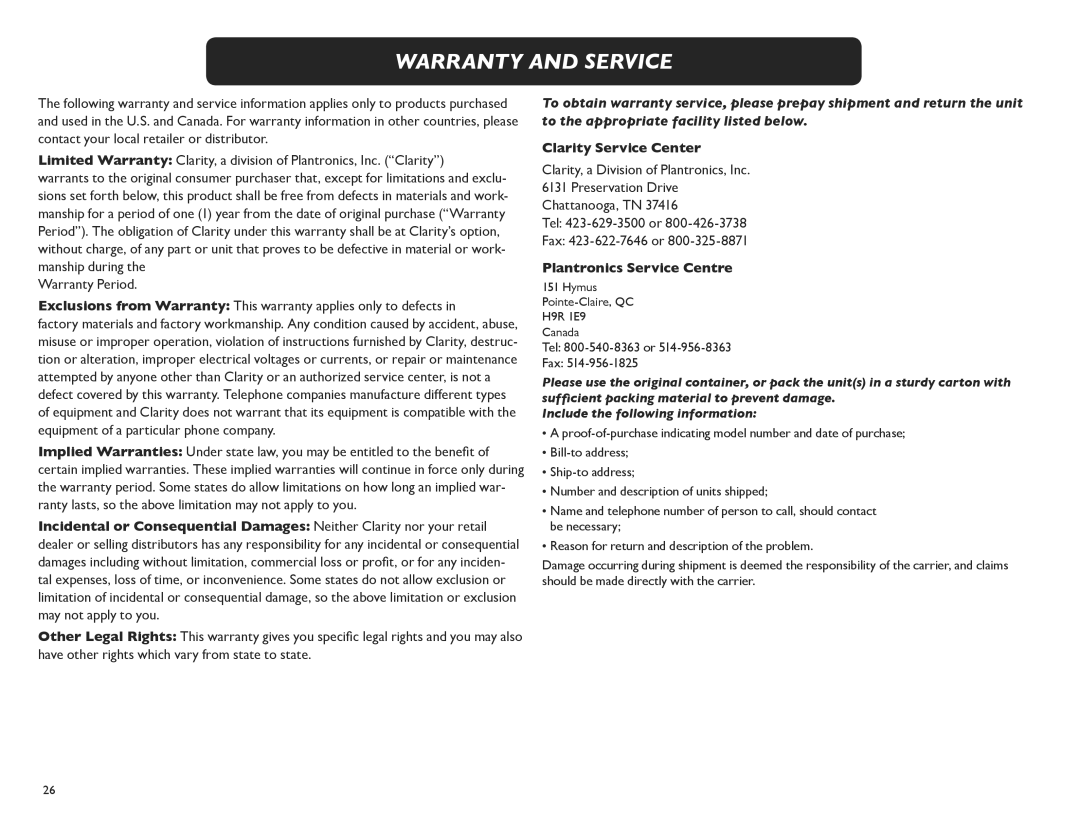 Clarity M175C manual Warranty and Service, Clarity Service Center, Plantronics Service Centre 