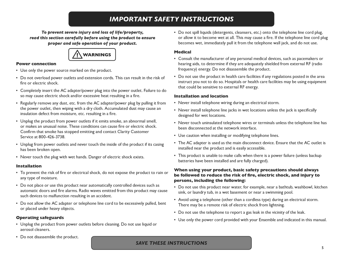 Clarity M175C manual Important Safety Instructions 