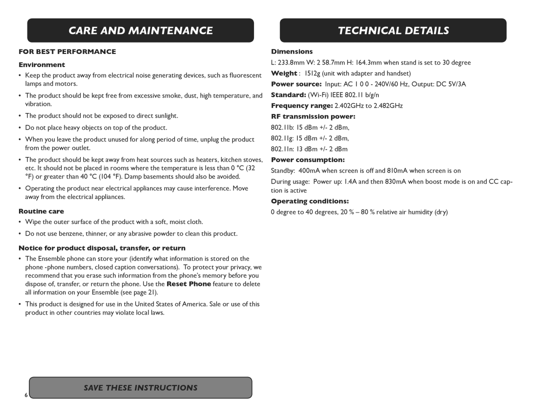 Clarity M175C manual Care and Maintenance, Technical Details 