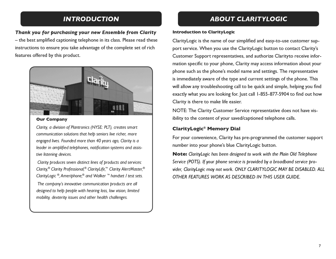 Clarity M175C manual About Claritylogic, Our Company, Introduction to ClarityLogic 