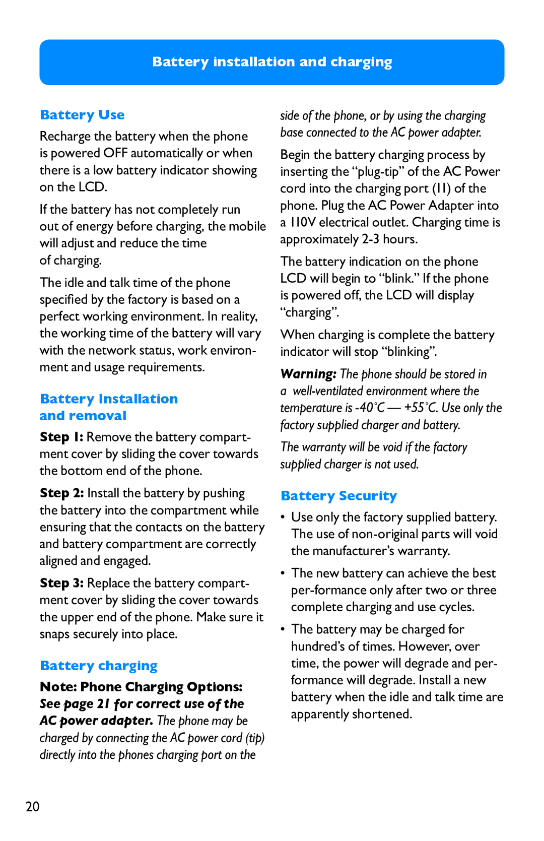 Clarity not available Battery installation and charging, Battery Use, Battery Installation and removal, Battery charging 