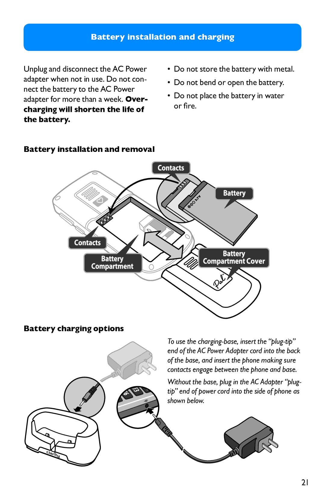 Clarity not available manual Battery installation and removal Battery charging options 