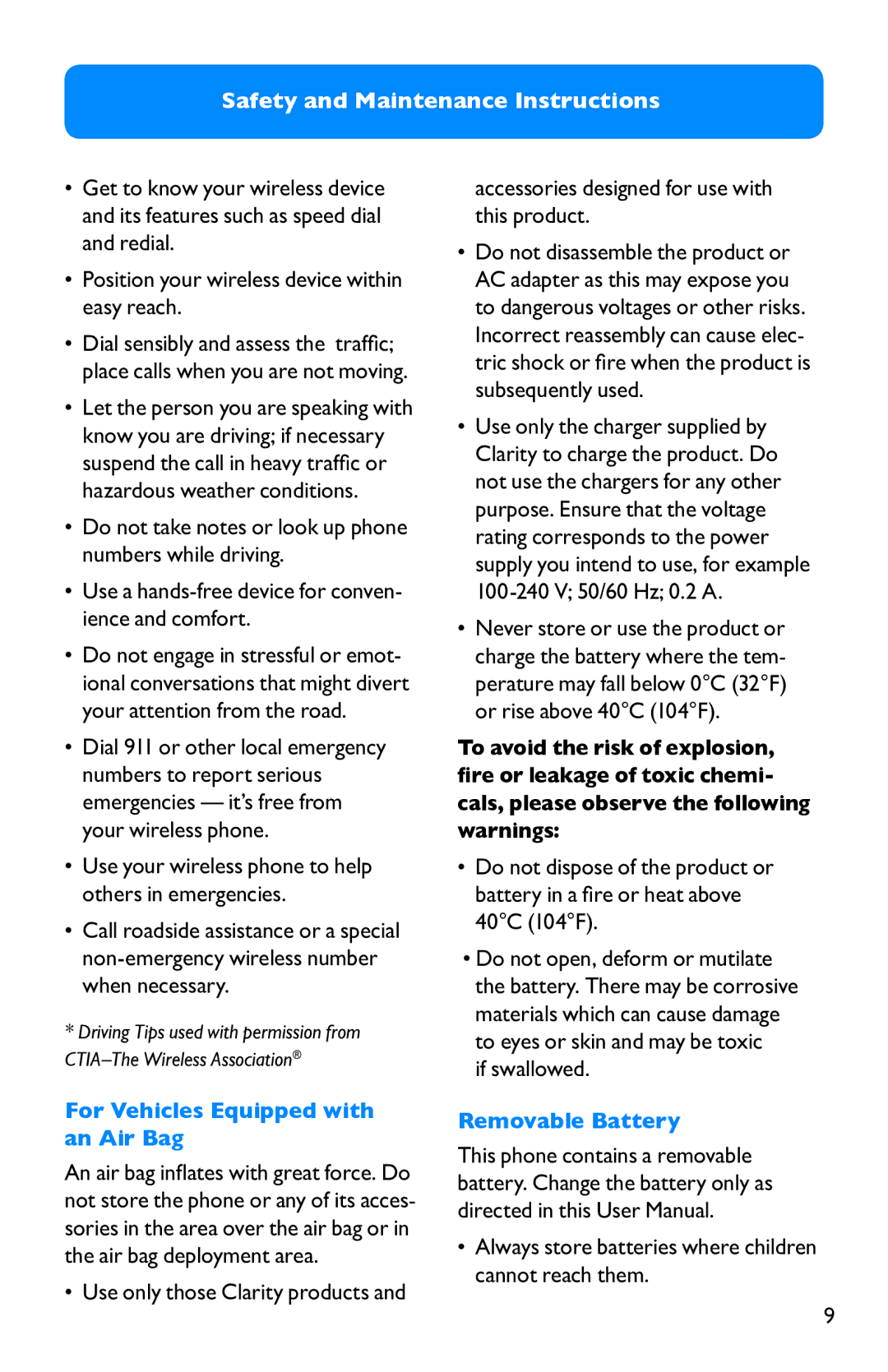 Clarity not available manual Use your wireless phone to help others in emergencies, For Vehicles Equipped with an Air Bag 