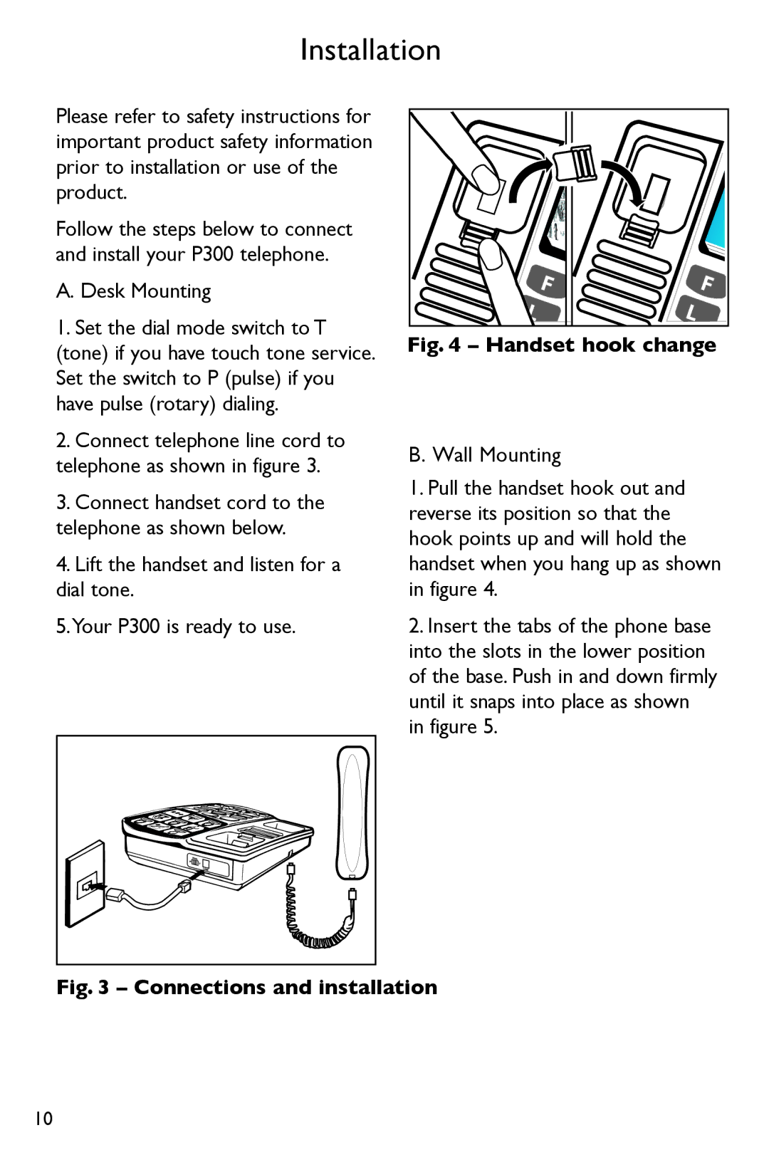 Clarity P300 manual Installation, Desk Mounting, Wall Mounting 