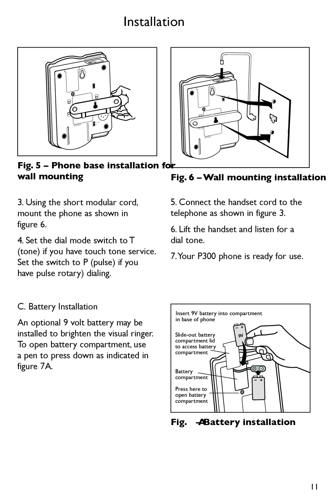 Clarity P300 manual Phone base installation for wall mounting, Battery Installation 