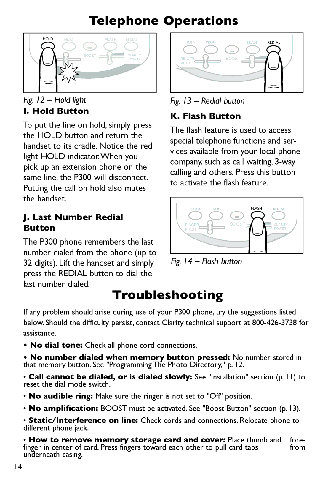 Clarity P300 manual Troubleshooting, Hold Button Flash Button 