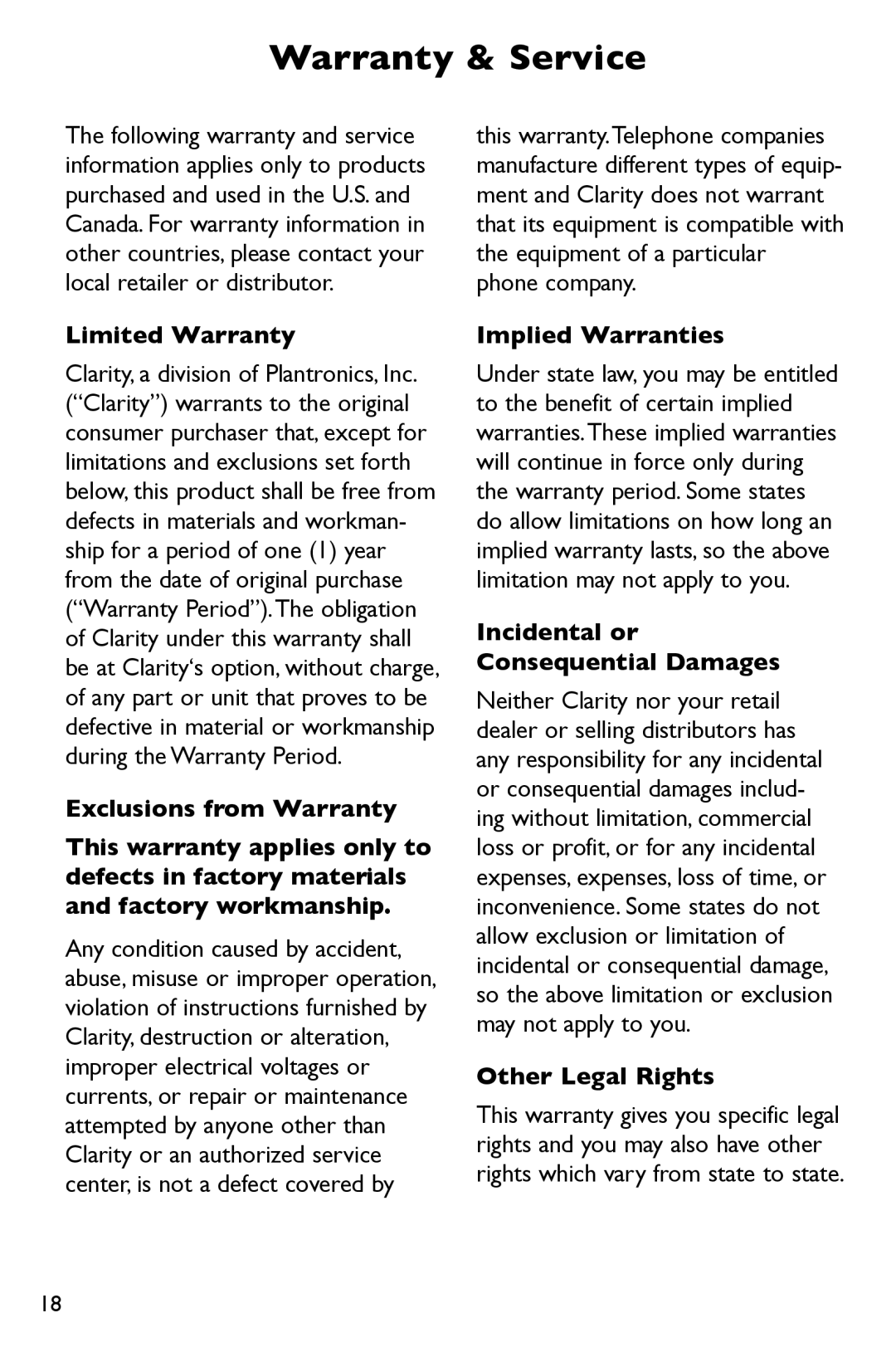 Clarity P300 manual Warranty & Service, Limited Warranty, Implied Warranties, Incidental or Consequential Damages 