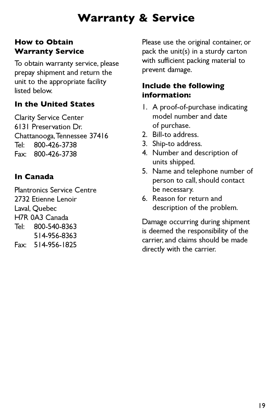 Clarity P300 manual How to Obtain Warranty Service, United States, Canada, Include the following information 