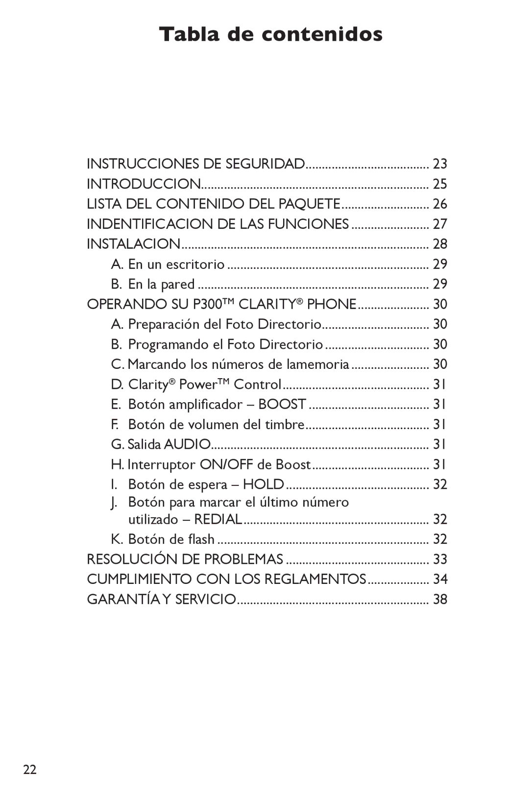 Clarity P300 manual Tabla de contenidos, Botón para marcar el último número 