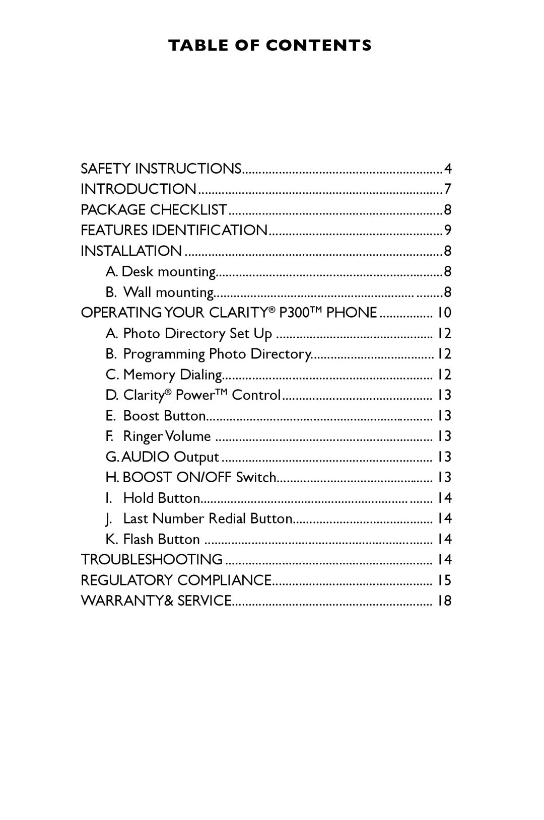 Clarity P300 manual Table of Contents 