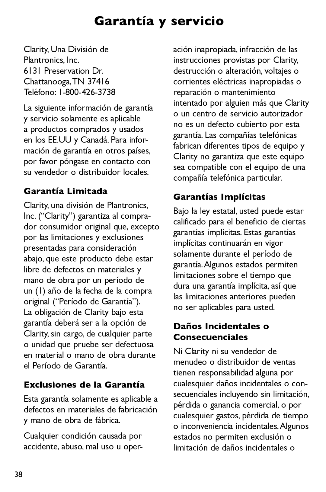 Clarity P300 manual Garantía y servicio, Garantía Limitada, Exclusiones de la Garantía, Garantías Implícitas 