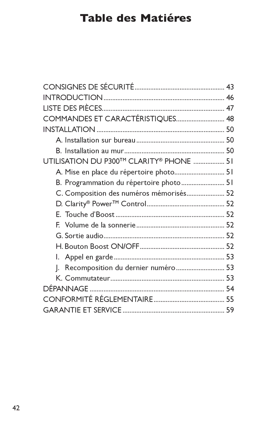 Clarity P300 manual Table des Matiéres, Composition des numéros mémorisés 