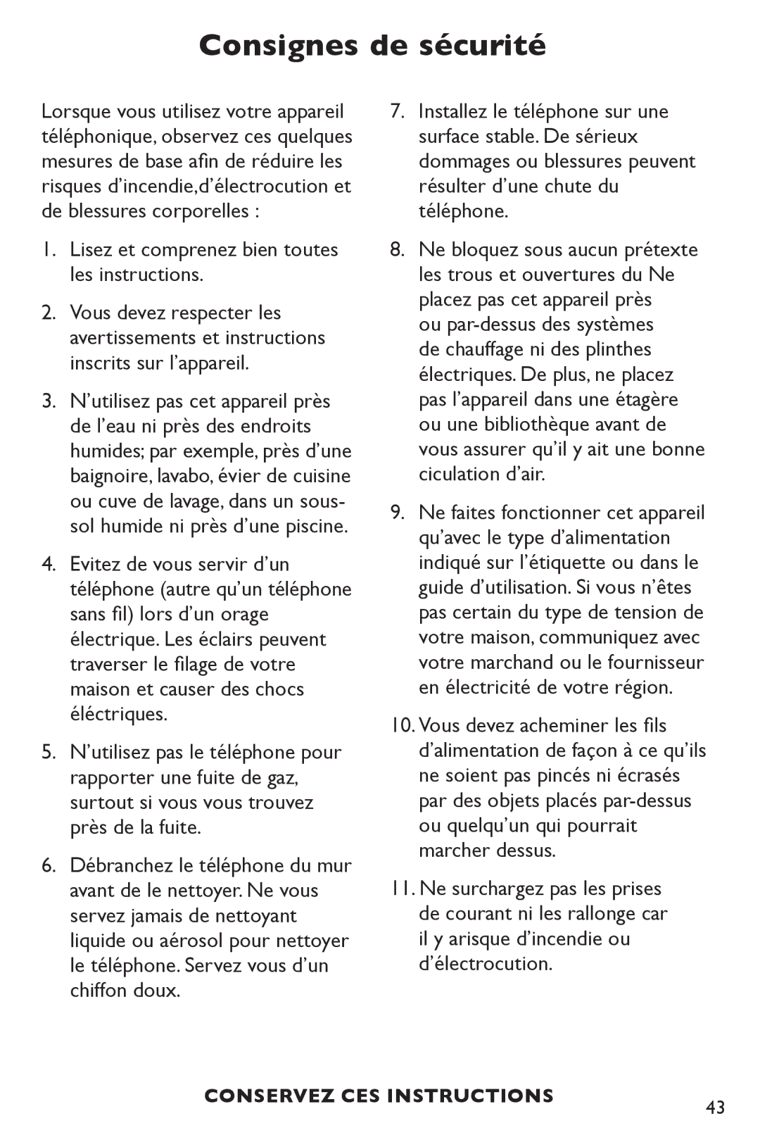 Clarity P300 manual Consignes de sécurité, Lisez et comprenez bien toutes les instructions 