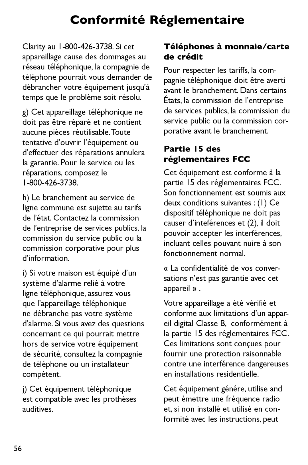 Clarity P300 manual Téléphones à monnaie/carte de crédit, Partie 15 des réglementaires FCC 