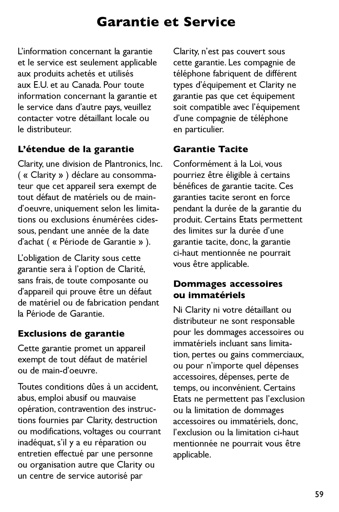 Clarity P300 manual Garantie et Service, ’étendue de la garantie, Exclusions de garantie, Garantie Tacite 