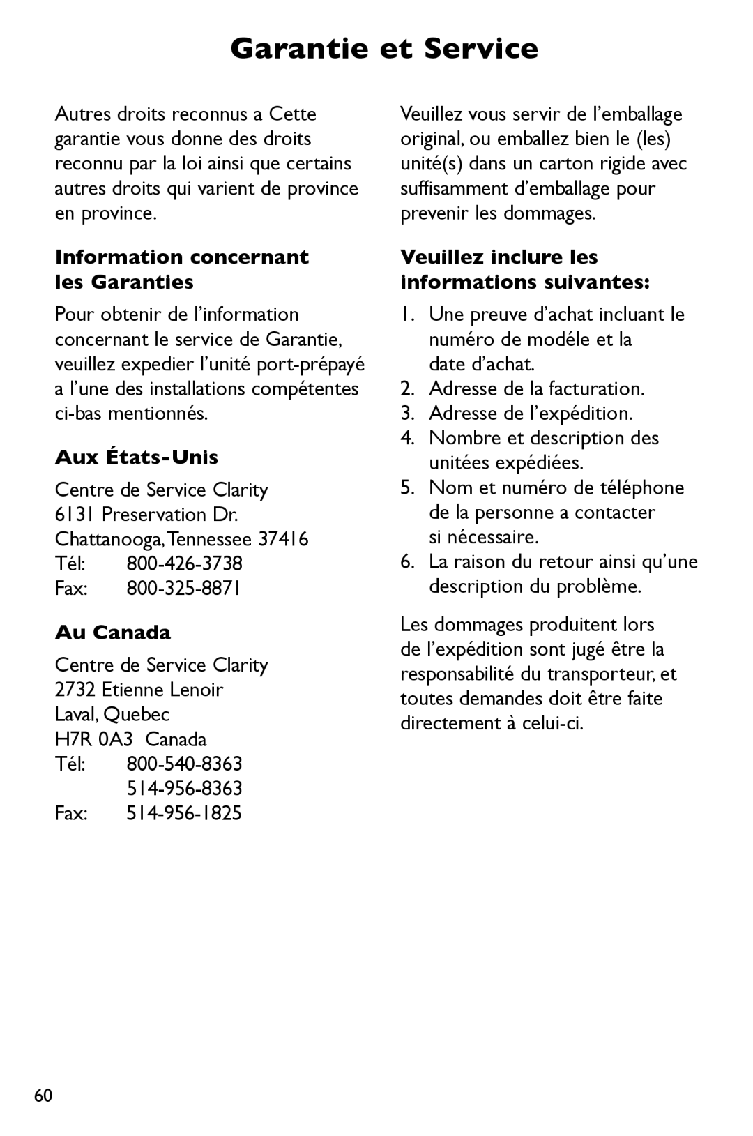 Clarity P300 manual Information concernant les Garanties, Aux États-Unis, Tél Fax, Au Canada 