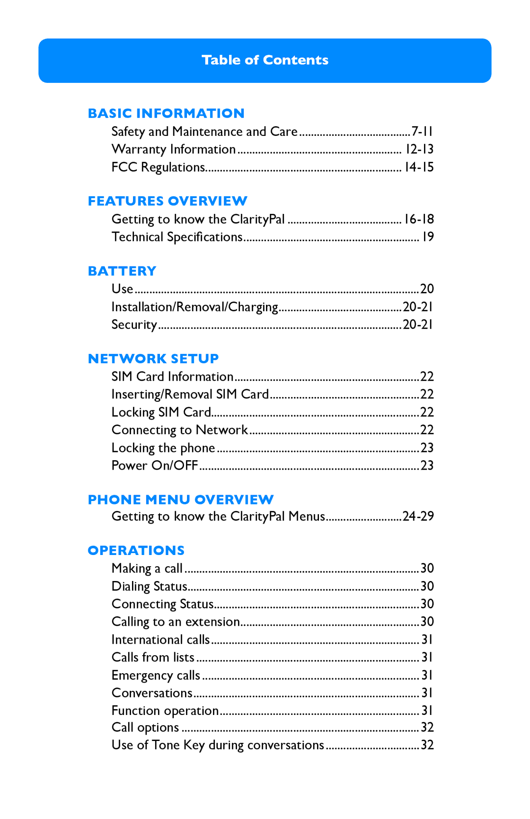 Clarity Pal manual Table of Contents 