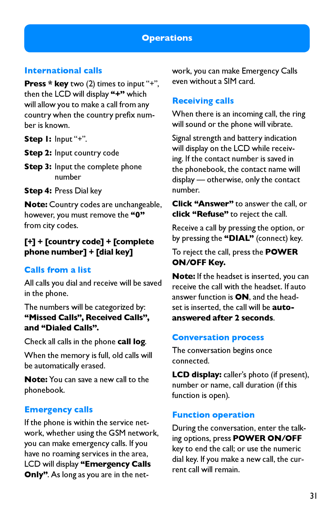 Clarity Pal manual International calls, Calls from a list, Emergency calls, Receiving calls, Conversation process 