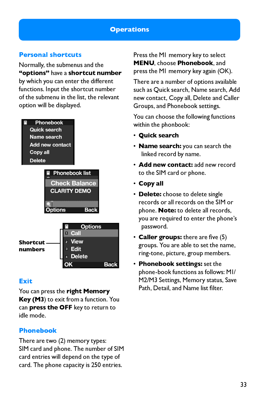 Clarity Pal Personal shortcuts, Exit, There are two 2 memory types, Name search you can search the linked record by name 