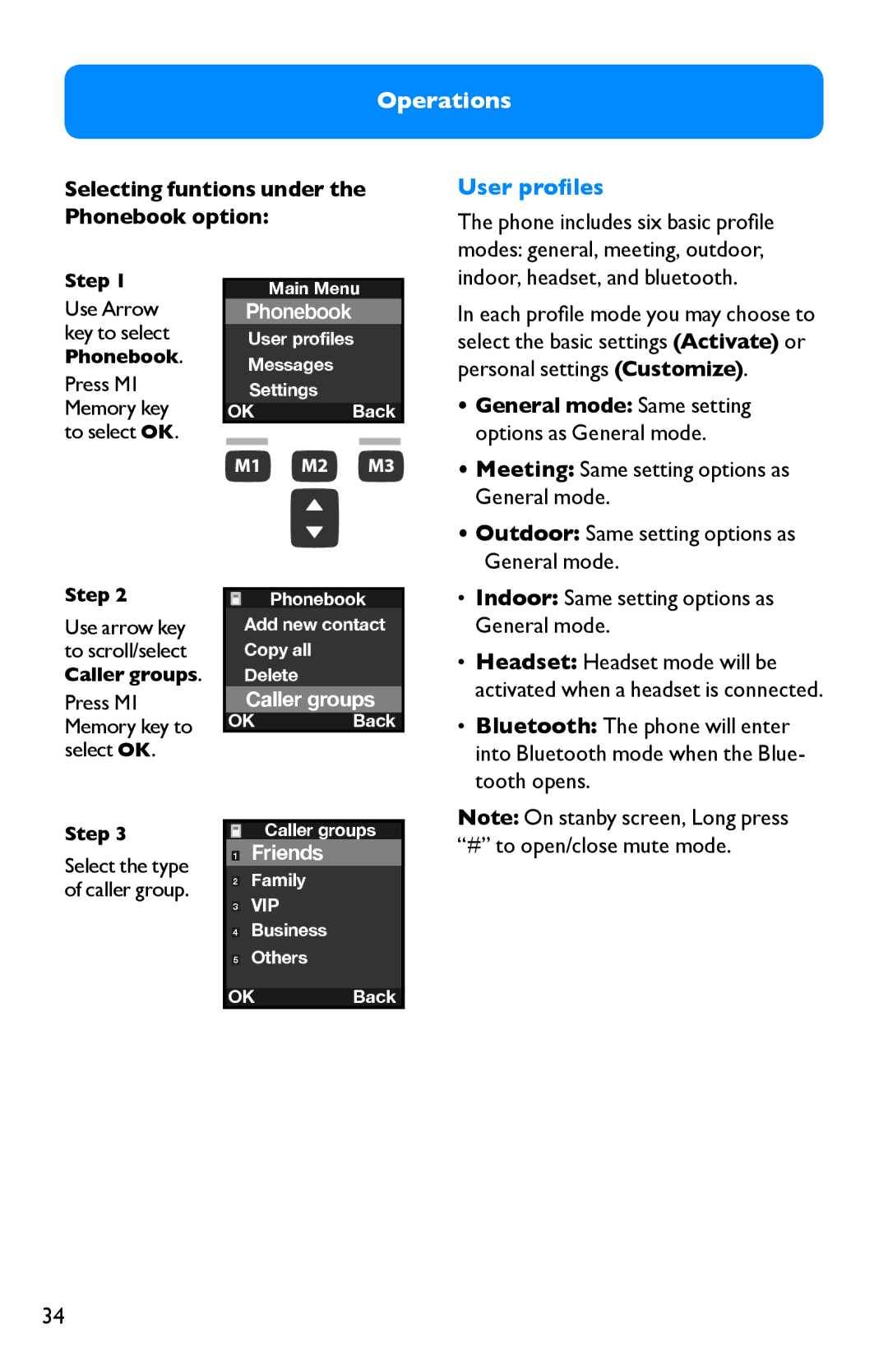 Clarity Pal manual Indoor, headset, and bluetooth, Selecting funtions under the Phonebook option 