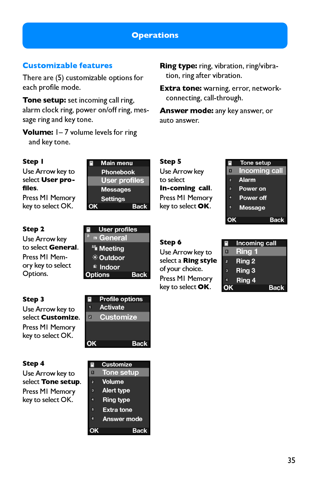 Clarity Pal manual Customizable features, Answer mode any key answer, or auto answer 