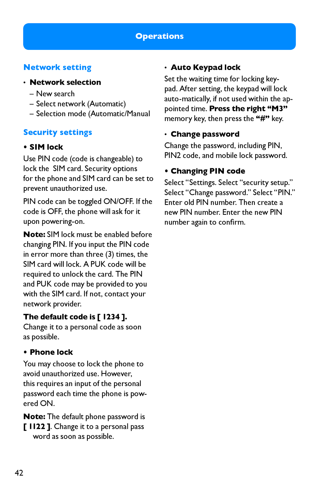 Clarity Pal manual Network setting, New search Select network Automatic, Security settings, Word as soon as possible 