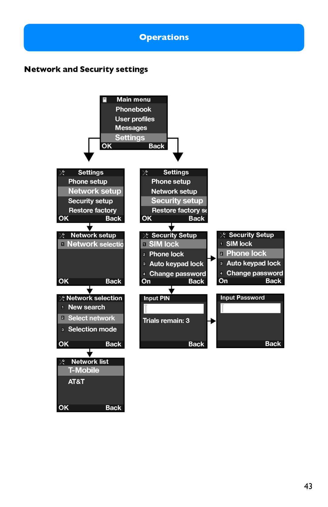 Clarity Pal manual Network and Security settings, SIM lock 